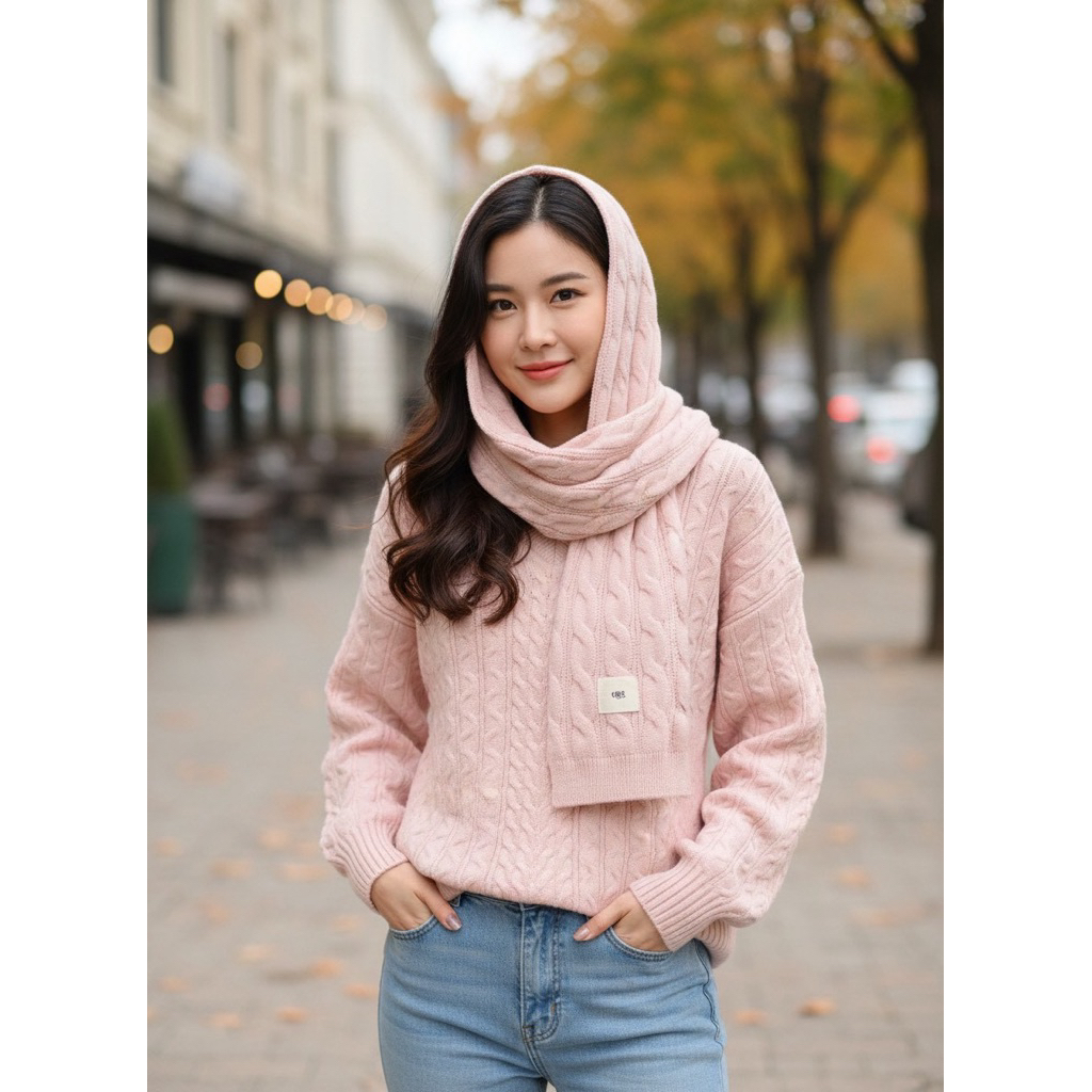 Oxy shop🔺 Pink Cozy Set ชมพูพาสเทล ( set เสื้อ+ผ้าพันคอ)