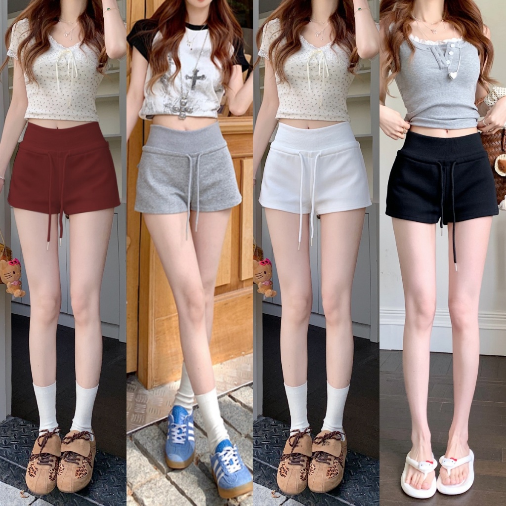 กางเกงผู้หญิง กางเกงขาสั้น สีทึบ เชือกปรับได้ ทรงเป๊ะมาก#1217