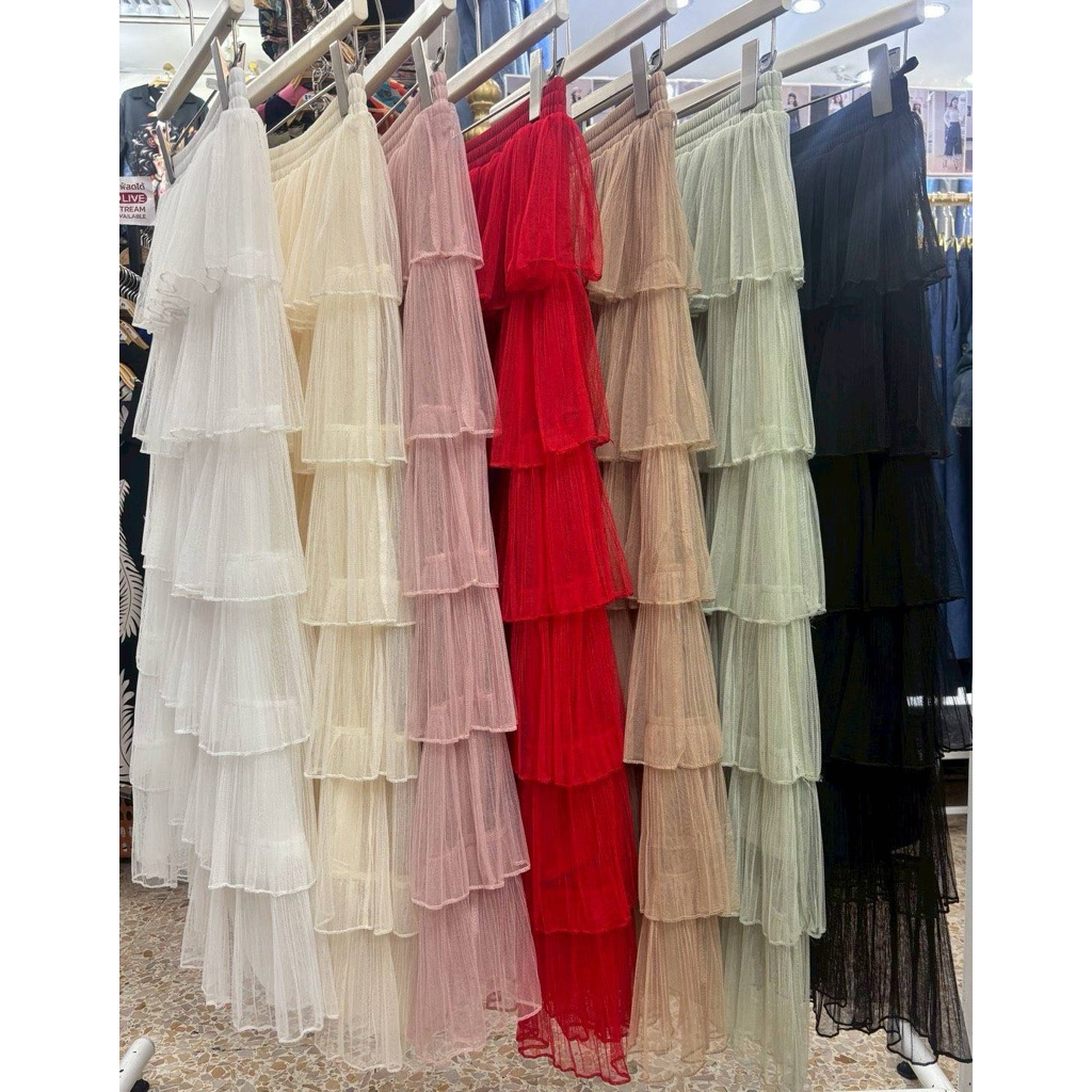 กระโปรงยาวผ้ามุ้งอัดพลีท แต่งระบาย 6ชั้น #902