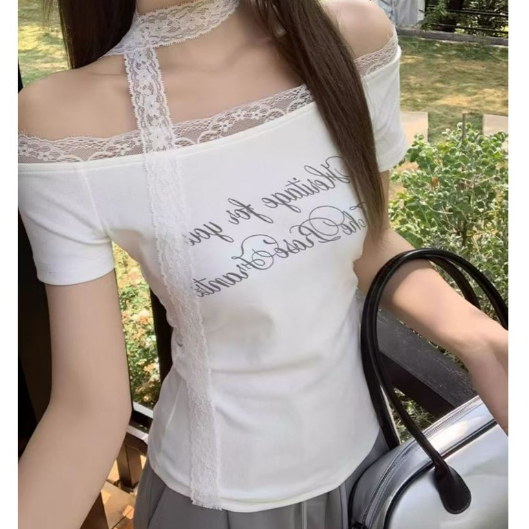 ❤easy❤ผู้หญิง คอปก ลูกไม้ลูกไม้ เสื้อแขนสั้น เสื้อยืด การฝึกฝนตนเอง เสื้อ