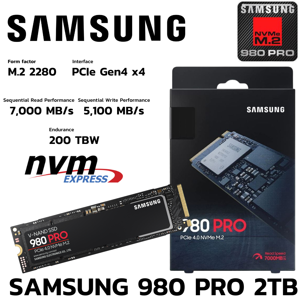 M.2 TB SSD (เอสเอสดี) SAMSUNG 980 PRO - PCIe 4x4/NVMe M.2 2280 (MZ-V8P2T0BW)