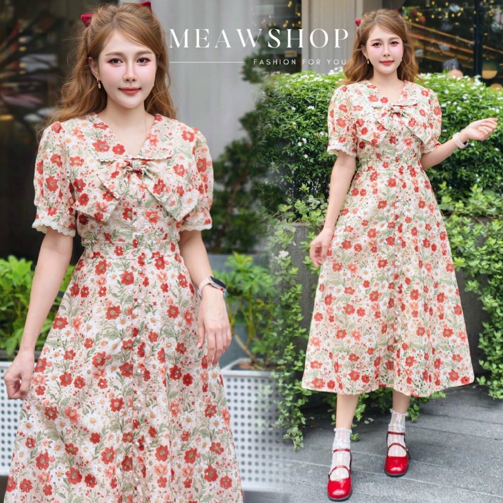 M-3XL Maxidress สไตล์วินเทจ เนื้อผ้าฉลุ ชุดทำงานผู้หญิง ชุดออกงาน ชุดไปงาน ชุดสาวอวบ อ้วน ชุดไปทะเล เดรสลายดอก PATCHA