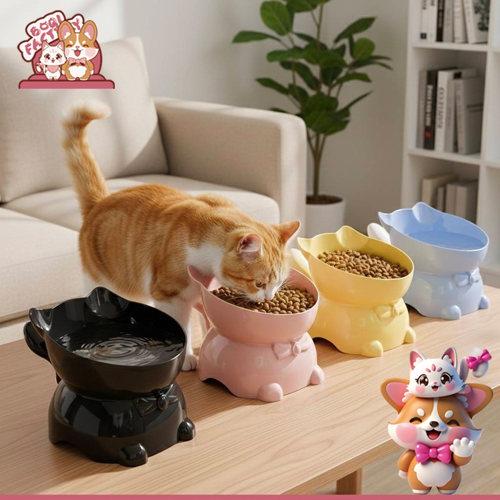 Boqi Factory ชามอาหารสัตว์เลี้ยง ชามพลาสติก ชามหน้าแมว แบบยกสูง เอียง 15 องศา Hjttail