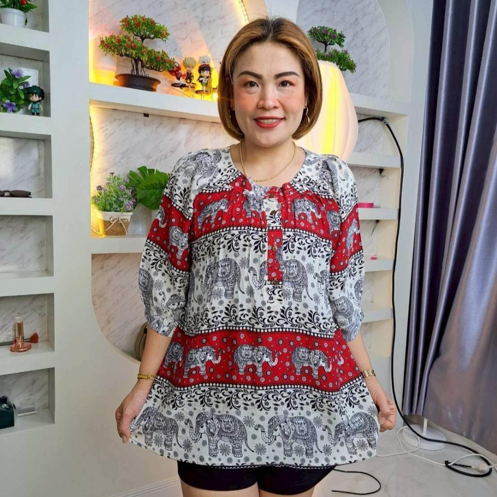 ช170///เสื้อคอกลมแขนศอกลายช้าง ผ้าไหมสปัน ฟรีไซส์46-50นิ้ว หน้าผ้า50นิ้ว ยาว29นิ้ว ราคา229บาท