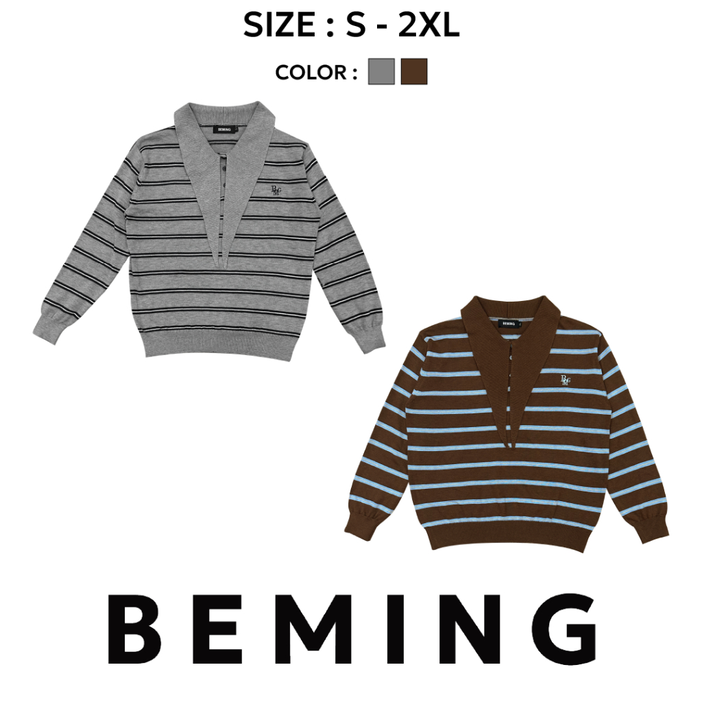 Bemingtop1086(S-2XL)-BMG Pointed Collar - เสื้อแขนยาวลายขวางคอปก ดีเทลโลโก้ BMG ปักที่อก