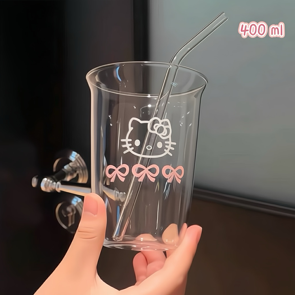 แก้วน้ำ ลายแมว โบว์สีชมพู น่ารัก 400 ml พร้อมหลอด ทนร้อน
