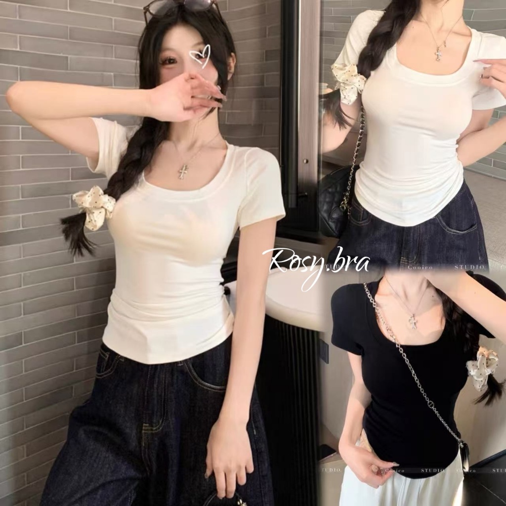 🖤พร้อมส่ง🤎เสื้อยืดแขนสั้นไหล่ตรงคอยูสําหรับผู้หญิง เสื้อตัวสั้นสาวฮอต ทรงเข้ารูป รัดเอว สวมใส่สบาย