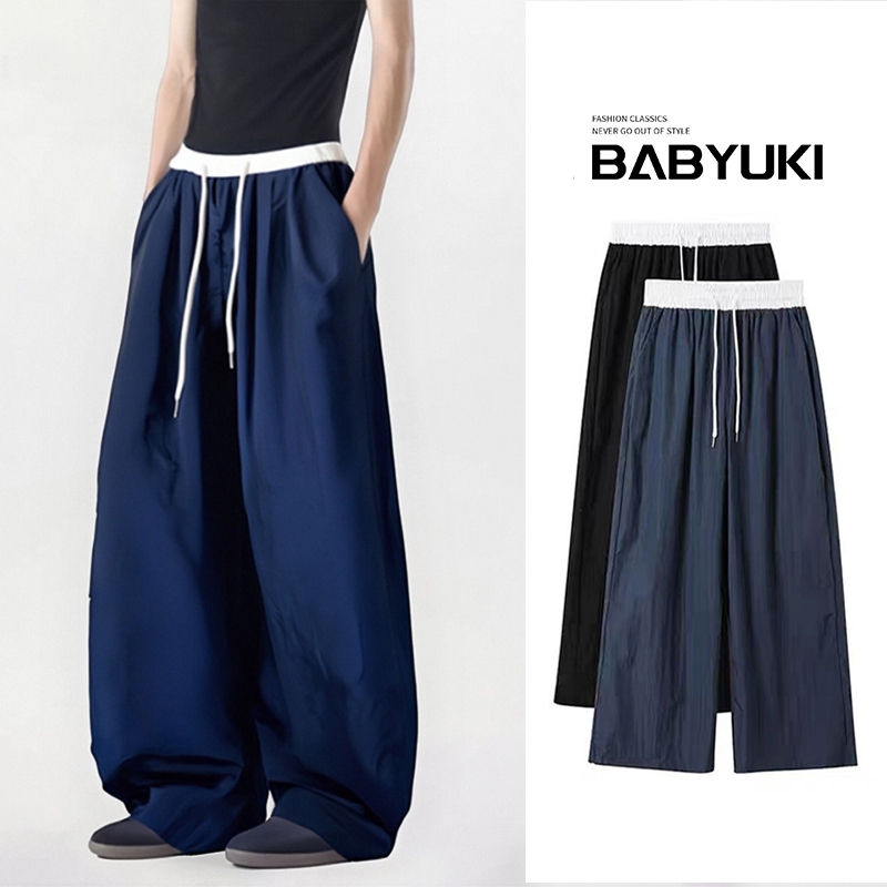 BU สีขาวน้ำแข็งผ้าไหมเนื้อสัมผัสขากว้างกางเกงผู้ชายฤดูร้อนบาง 2026 ใหม่สีชนกันเอวสูงตรงทรงกระบอกหลวมกางเกงมีดโค้ง