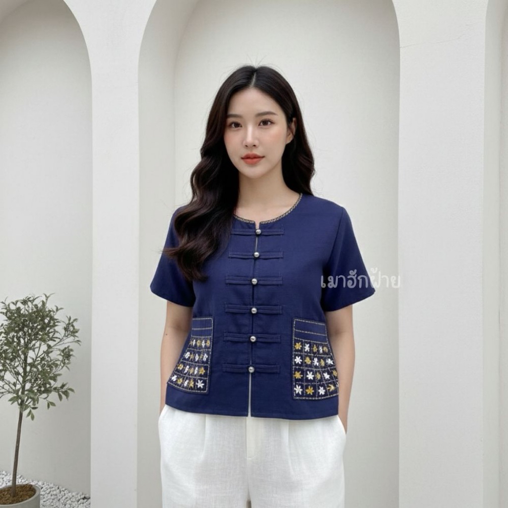เสื้อผ้าฝ้าย คอกลม แขนสั้น ปักกระเป๋า งานปักมือ ใส่สบายทุกวัน ราคา ถูกที่สุด ดีลบีเคเค แกลเลอรีภาพที่ 2