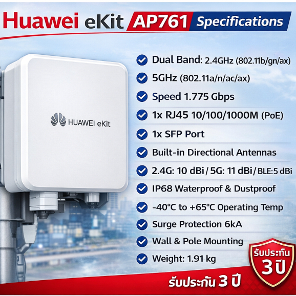 Huawei eKit รุ่น AP761 ตัวกระจายสัญญาณ Access Point Wi-Fi 6 Outdoor 2+4 Dual bands รับประกัน 3 ปี