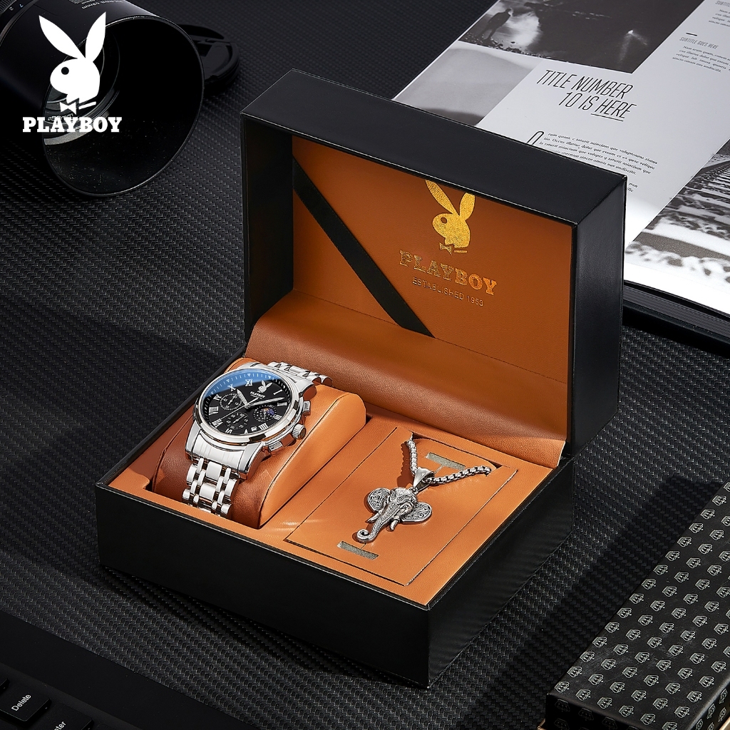PLAYBOY ชุดนาฬิกาผู้ชาย กันน้ำ ต้นฉบับ สายรัดสแตนเลส วันที่ ไฟกลางคืน ธุรกิจและพักผ่อน กล่องของขวัญ 3026
