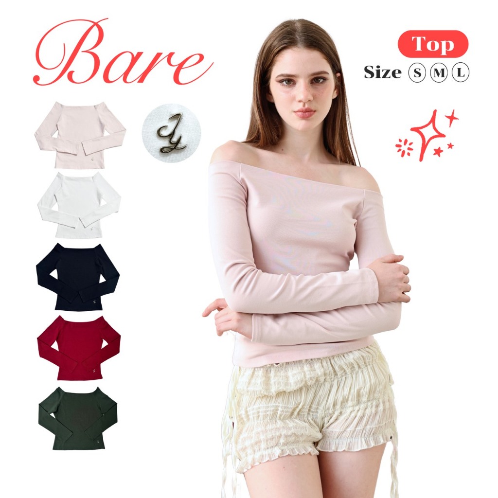 JARINYA (S-L) เสื้อยืดแขนยาว ปาดไหล่ 2 ข้าง แต่งเหล็ก JY (T1035)