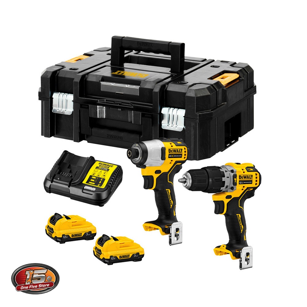 DEWALT ชุดสว่านกระแทก DCD706 +ไขควงกระแทก DCF801 12V ไร้แปรงถ่าน แบตเตอรี่ 3.0Ah รุ่น DCK2111L2T-B1