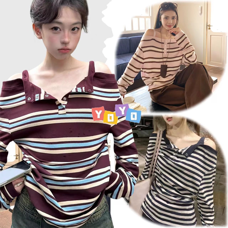 YOYO พร้อมส่ง🌈เสื้อยืดแขนยาวเปิดไหล่ลายทาง🌈ดีไซน์เก๋ๆ ทรงหลวม สไตล์ลำลอง ไปคาเฟ่ น่ารักๆ แต่งกระดุมใช้ได้จริง คอวี
