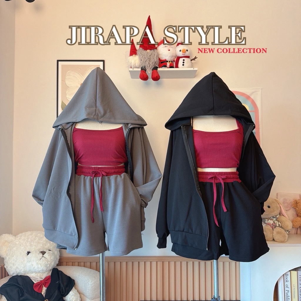 set 3ชิ้น ชุดกันหนาวแต่งสีทูโทน เสื้อคลุมมีฮู้ด+เสื้อกล้าม+กางเกงขาสั้น ราคา ถูกที่สุด ดีลบีเคเค แกลเลอรีภาพที่ 6