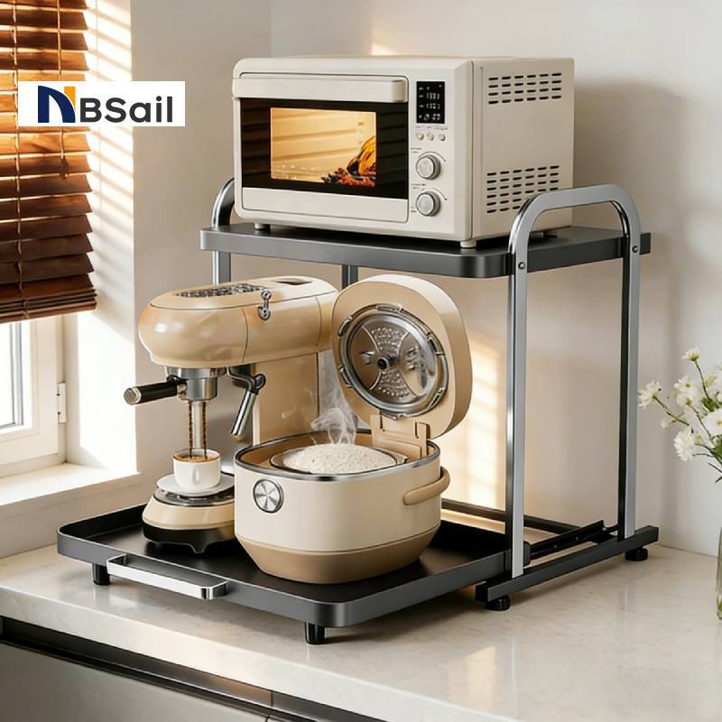 NBsail ชั้นวางไมโครเวฟ ลิ้นชักเลื่อนออก ตะแกรงสแตนเลส สำหรับวางเครื่องชงกาแฟและเก็บของในครัว 2 Tier