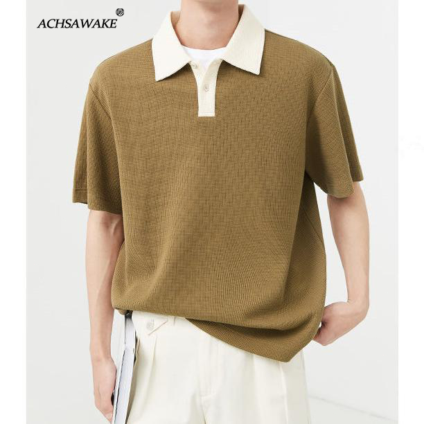 ACHSAWAKE เสื้อโปโล ชาย แขนสั้น คอปก ทรงหลวม สีตัดกัน