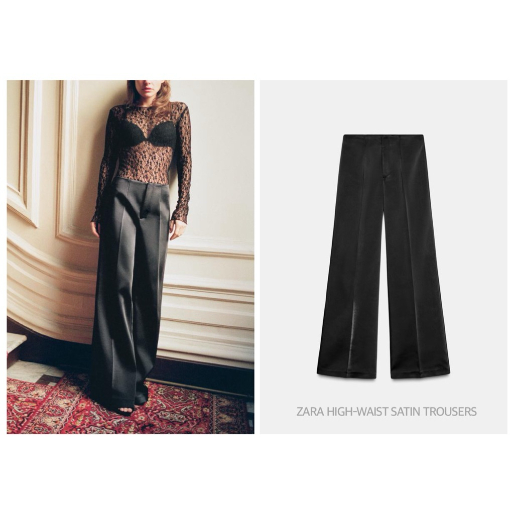 ZARA กางเกงผ้าซาติน ทรงขากว้าง  HIGH-WAIST SATIN TROUSERS (B0704)
