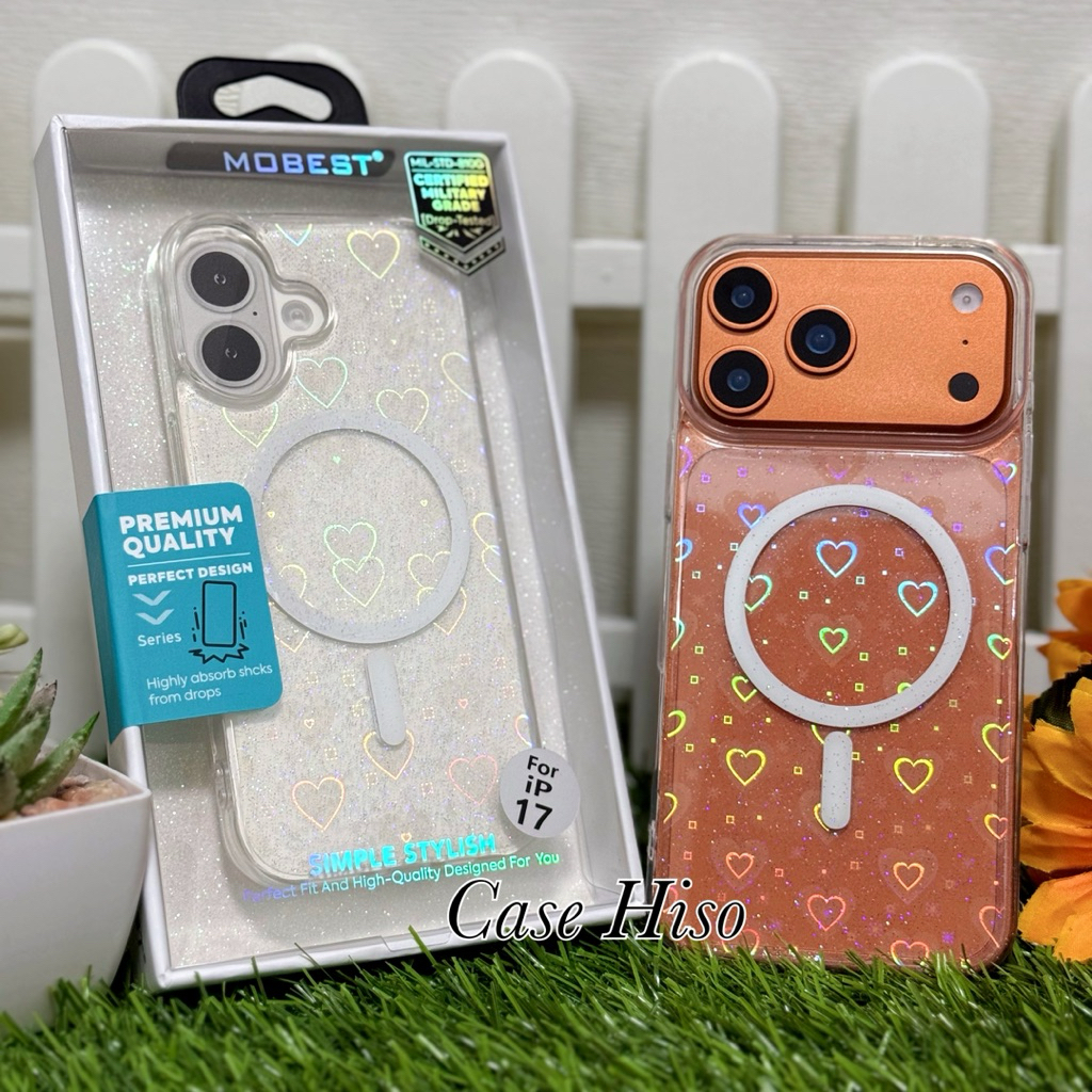เคสกากเพชร ชาร์จแม่เหล็ก หัวใจโฮโลแกรม ขอบกล้องยกสูงนูนกันเลนส์กล้อง