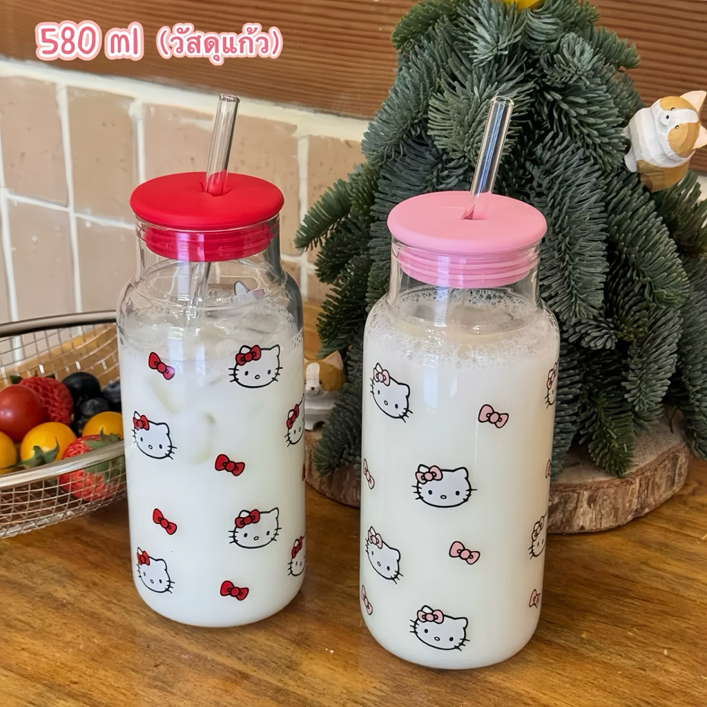 ขวดน้ำคิตตี้ (พร้อมหลอด) วัสดุแก้ว 580 ml ใส่ร้อนและเย็นได้ ลายการ์ตูนน่ารัก พร้อมส่ง