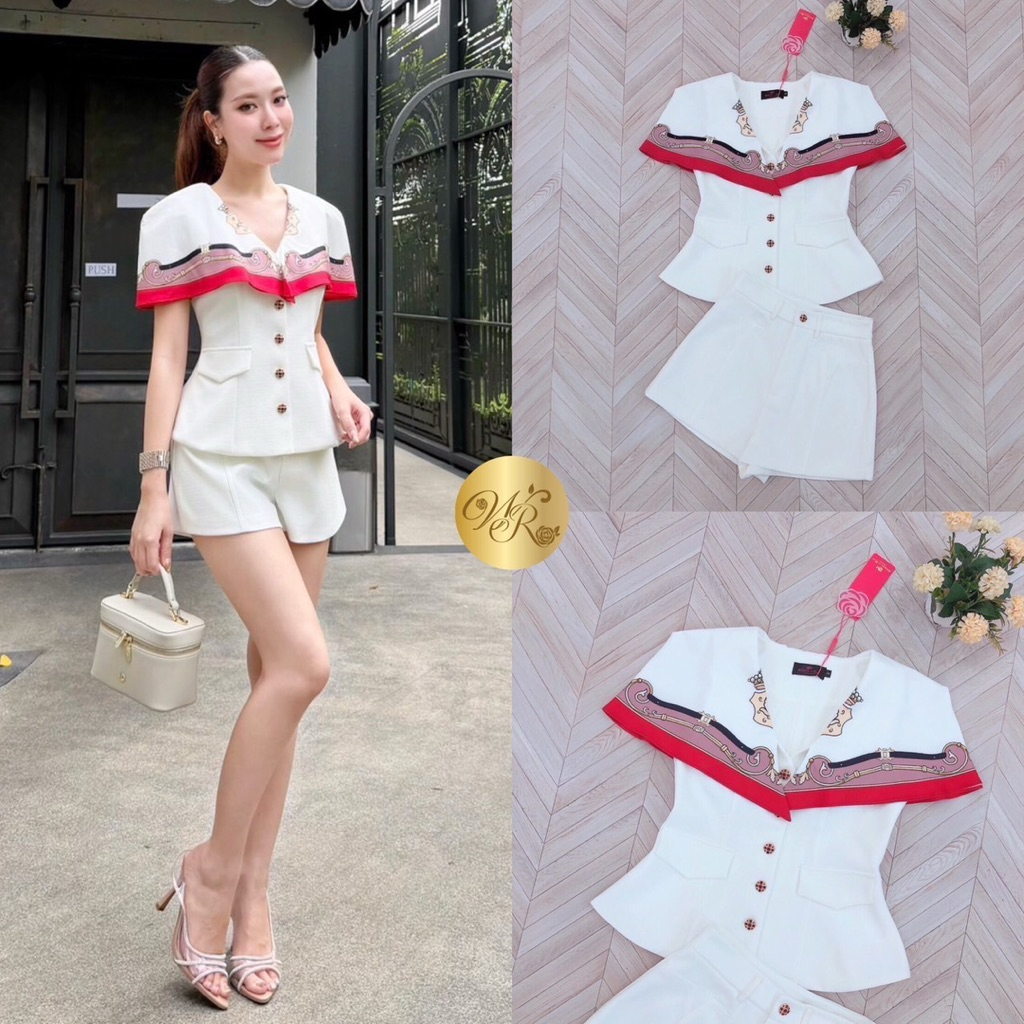 [Widelia @ Real] Set เสื้อกับกางเกงขาสั้น ตัวเสื้อช่วงไหล่เย็บเหมือนผ้าคลอบคลุมไหล่ กระดุมหน้า