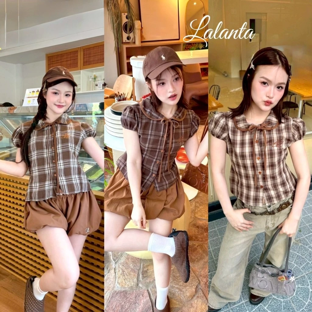 🇹🇭มีส่งด่วน🇹🇭 เสื้อลายจุด คอบัว ผ้าครัช #FF147