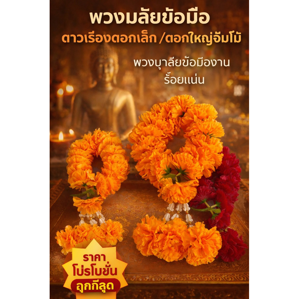 พวงมาลัยกลม พวงมาลัยข้อมือ พวงมาลัยกร พวงมาลัยกลางร้อยแน่นๆ ดาวเรืองดอกเล็ก/ดอกจัมโบ้ ราคาถูกที่สุด