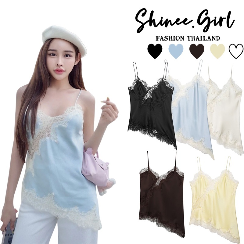 SHG 🌹พร้อมส่ง🌹 เสื้อกล้ามทรงไม่สมมาตรประดับลูกไม้สีดำเปิดหลังเซ็กซี่สำหรับผู้หญิงในช่วงฤดูร้อน