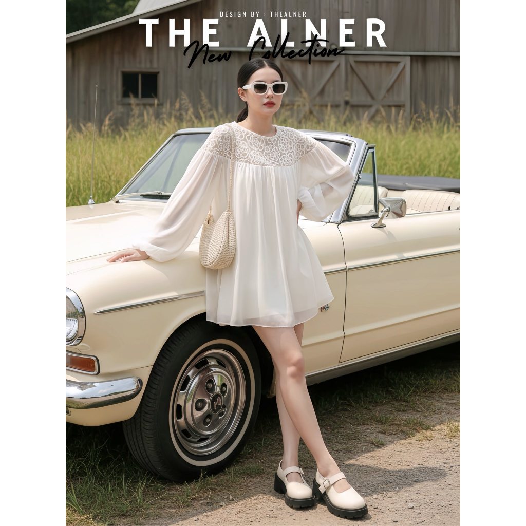 Thealner-AN344 (เซตเสื้อลูกไม้ครีมแขนยาว+กก.ขาสั้น)