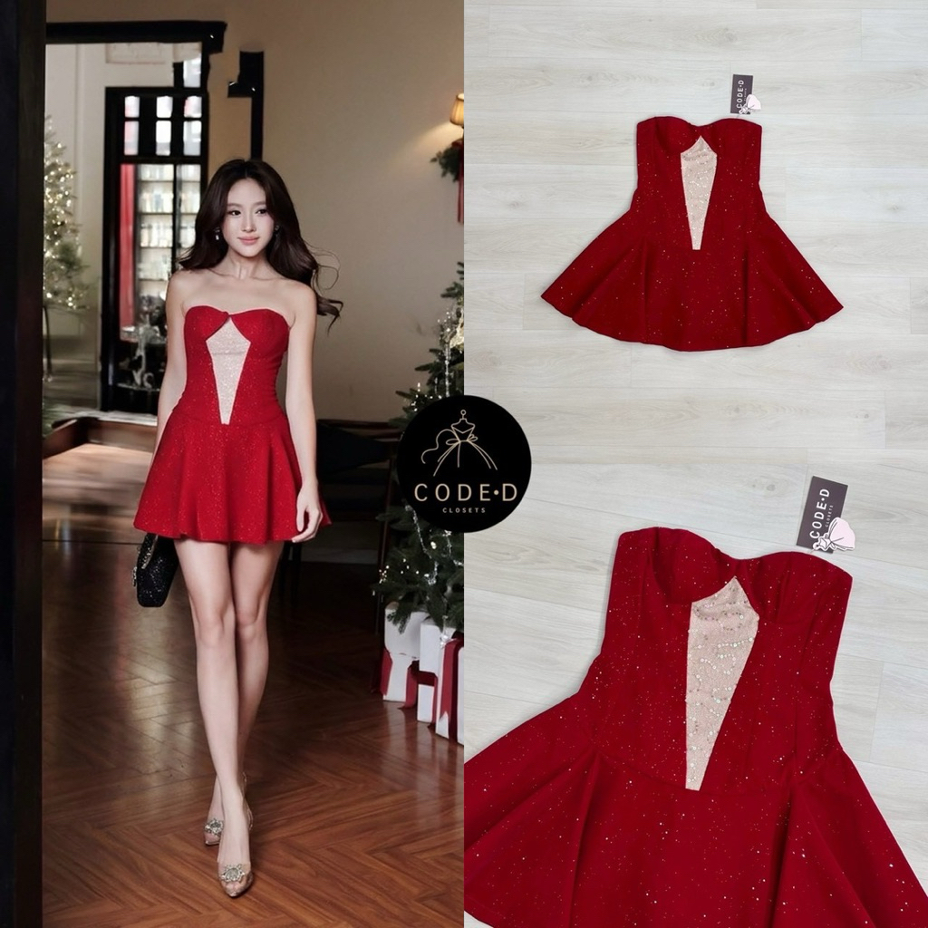 CODE-D CLOSETS มินิเดรสเกาะอกเนื้อผ้ากำมะหยี่สีแดงรีดติดกริสเตอร์เงินทั้งตีว่า