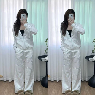 ชุดเซ็ท ปั้มนูนแจ็คเก็ตมีฮู้ด แขนยาวขายาว[ผ้าทอปั้มนูน ลายอังกฤษฟรีไซส์]
