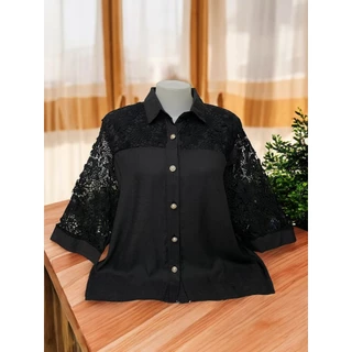 เสื้อใส่งานบุญ เสื้อผ้าลินินผสม เสื้อเซิ้ตกระดุมแขนลูกไม้ รอบอก38-42/44-46/48-52นิ้วฟรีไซส์ ยาว22/25นิ้ว
