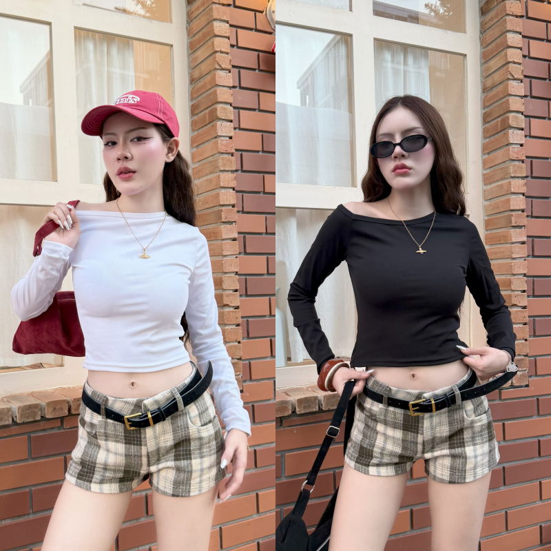 SpinnyHouse เสื้อปาดไหล่แขนยาว ผ้าร่องยืด ยืดตามตัว ปาดไหล่ แขนยาว เสื้อใส่วันคริสต์มาส CHRISTMAS รุ่น สวนน้ำแขนยาว