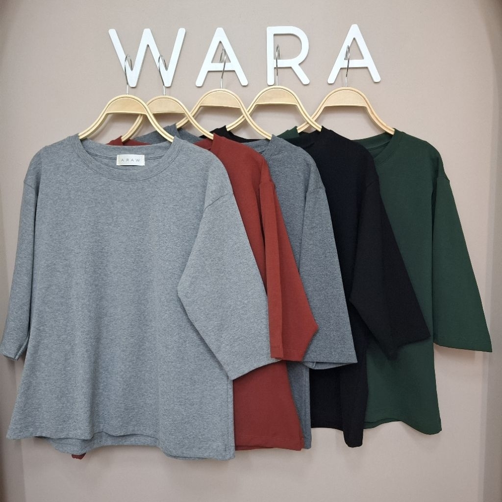 [ U47 ] WARA เสื้อยืดคอกลมแขน 3 ส่วน  ทรงโอเวอร์ไซส์ผ้า Cotton Spandex