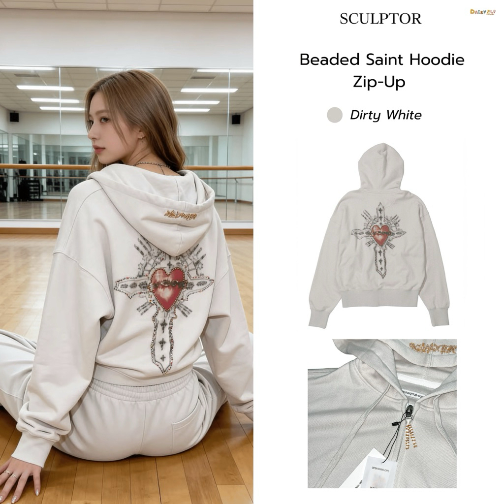 (สินค้าพร้อมส่ง) SCULPTOR Beaded Hoodie Zip-Up | Dirty White ปักลายหัวใจ Saint Heart ด้านหลังแบบ Y2K
