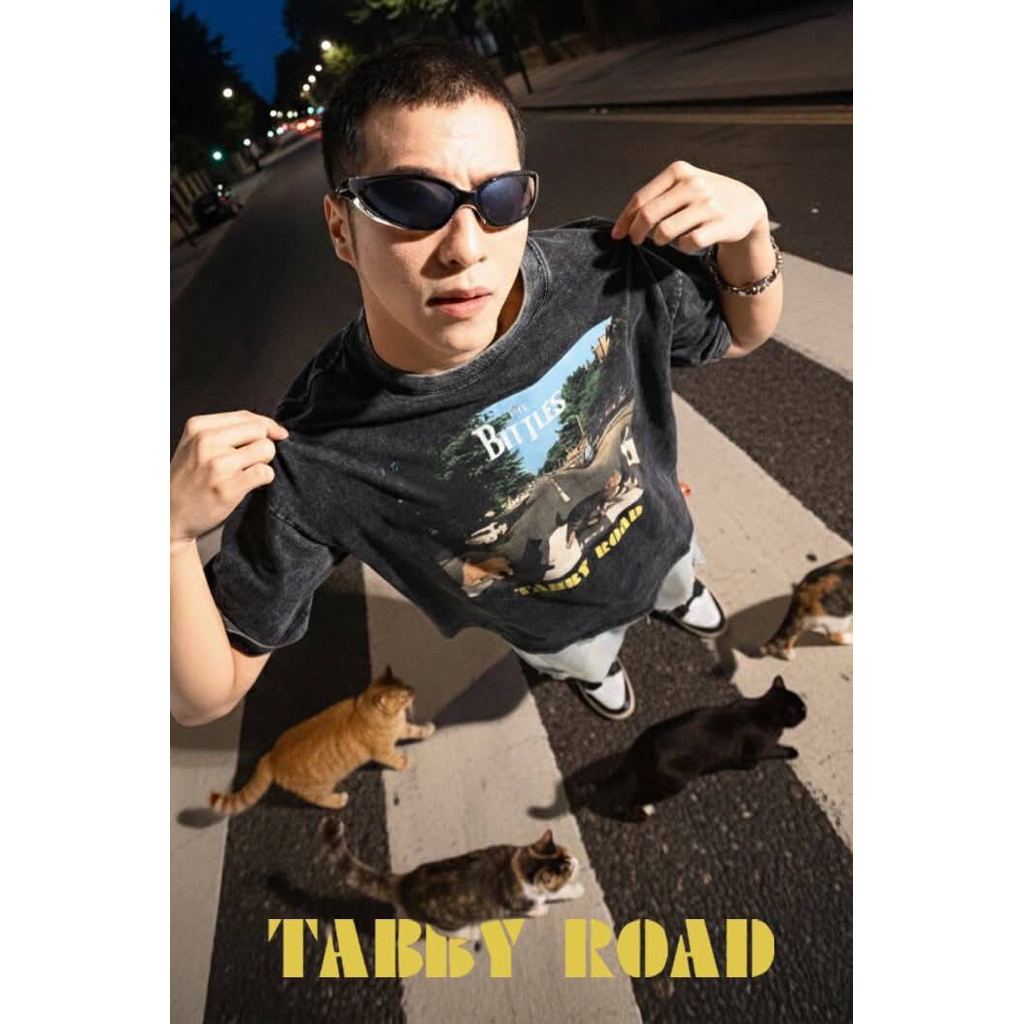 tabby road เสื้อยืดฟอกเฟดสไตล์วินเทจ สี่เต่าเหมียว ข้ามทางแมวลาย
