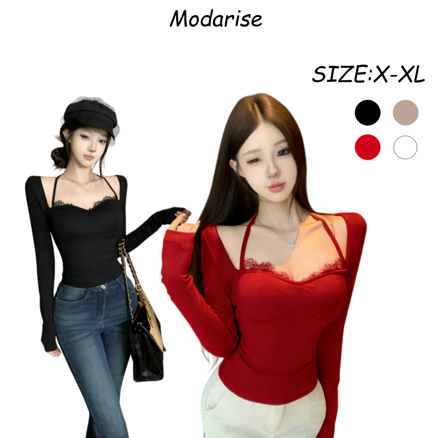 Modarise เสื้อแขนยาวลูกไม้รัดรูป สไตล์หวานเซ็กซี่ ใส่เป็นเสื้อตัวในได้ เหมาะสำหรับฤดูใบไม้ร่วง