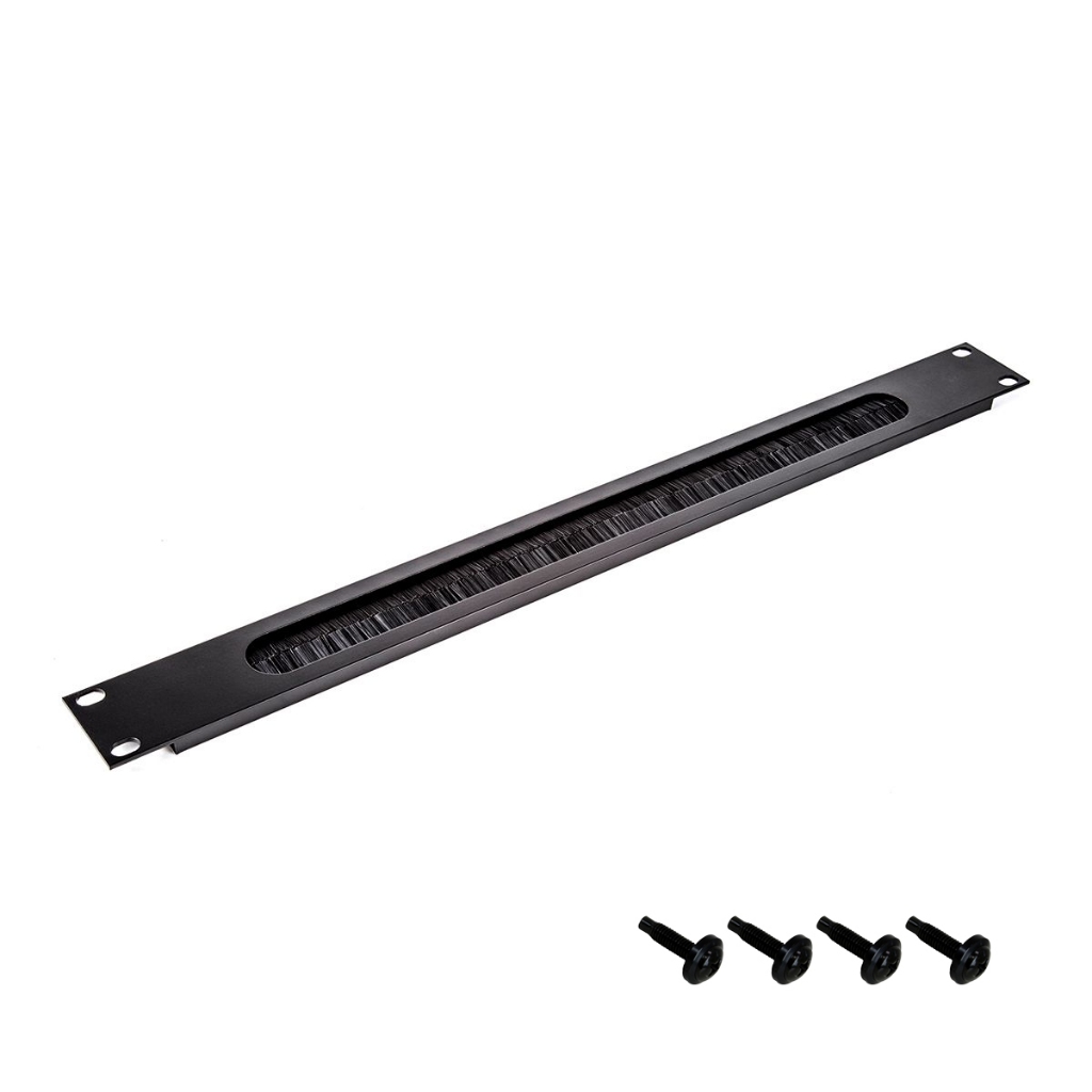 แผ่นเพลทสีดำ 1U พร้อมช่องใส่สายเคเบิล (แถมน็อตและแหวน) 1U Black Rack Panel with Cable Access Slot and Brushes PENN-ELCOM