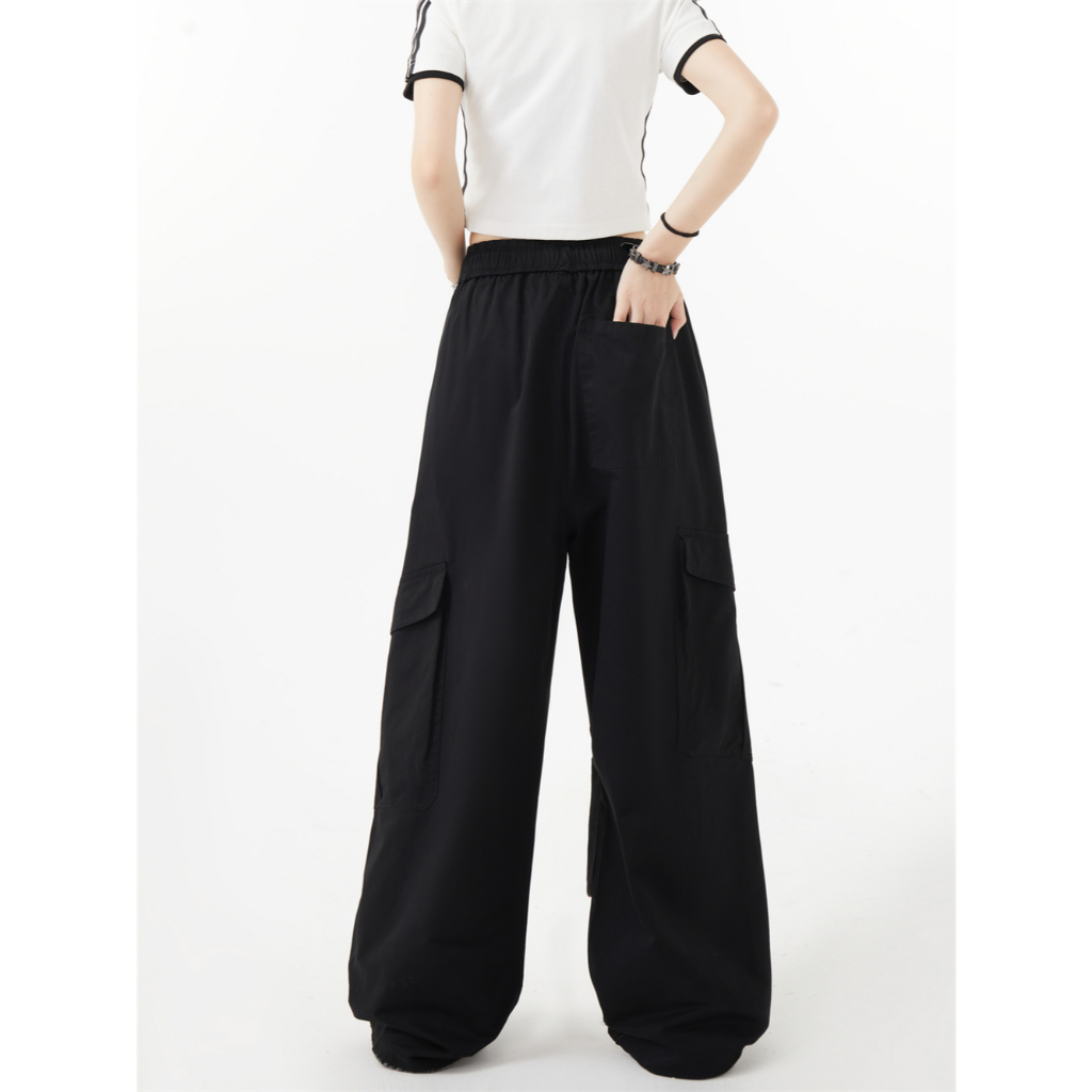 cherryshop🍓กางเกงคาโก้😊สีเขียวเอวสูงหลวมกางเกง cargo pantsสีดำ - รูปที่ 6