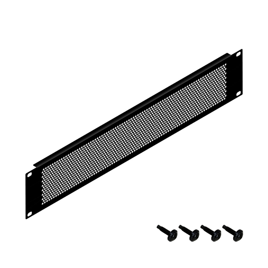 แผ่นเพลท 2U แถมน็อตและแหวนพลาสติก มีรูระบายอากาศ ถ่ายเทอากาศได้ถึง 62% 2U Black Perforated Flanged Rack Panel PENN-ELCOM