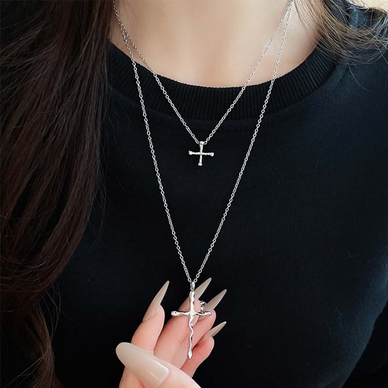 CODส่งเร็ว⚡สร้อยคอสองชั้นจี้ไม้กางเขนสีเงินY2Kสไตล์เกาหลีโซ่ไหปลาร้าเครื่องประดับแฟชั่นสำหรับผู้หญิง - รูปที่ 4