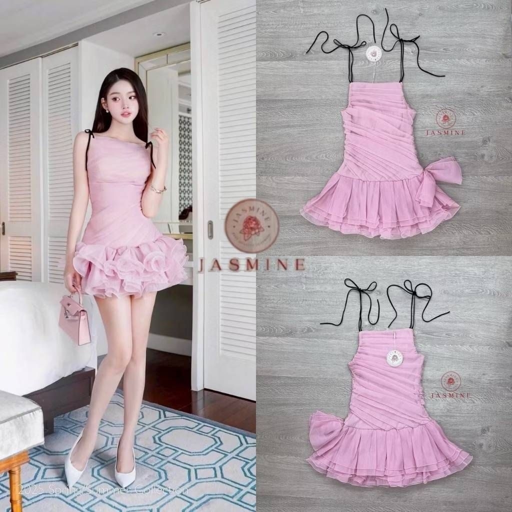 XS S M L มือ1 JASMINE มินิเดรสสายผูกไหล่สีชมพู แต่งระบายด้านล่างชั้นๆ ฟูสุดๆ ป้าย JASMINE