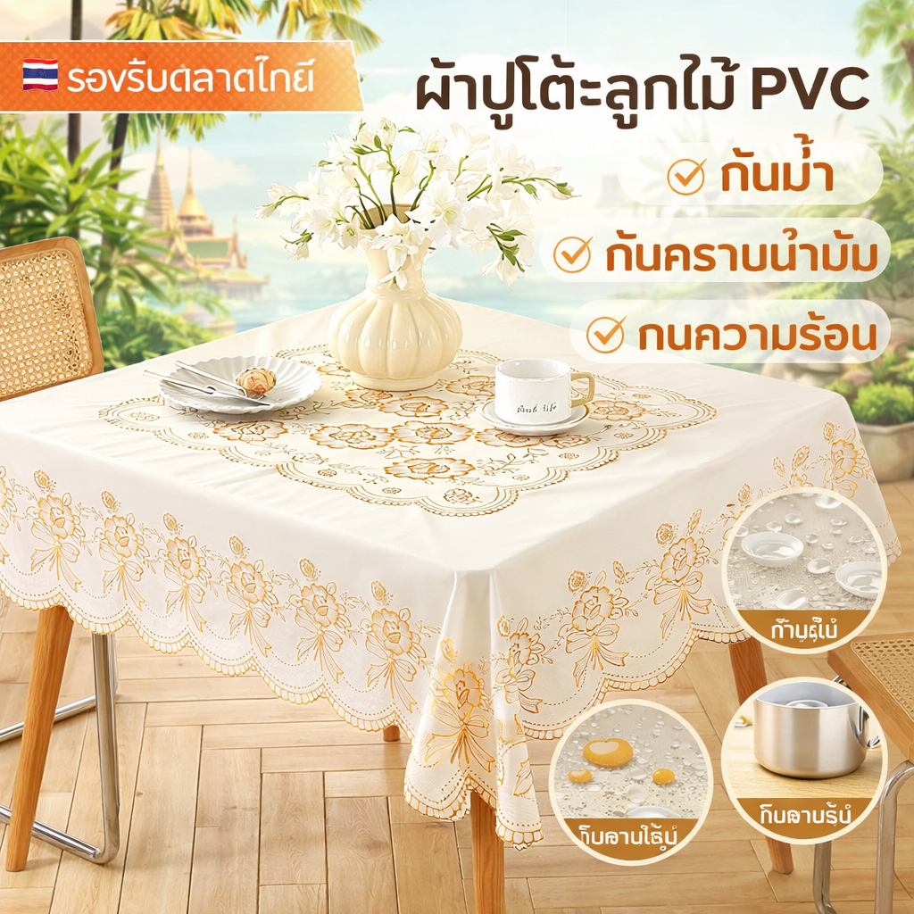 ผ้าคลุมโต๊ะ PVC สี่เหลี่ยมหนาพิเศษรุ่นใหม่ กันน้ำ-คราบมัน-ร้อน ไม่ต้องซัก สำหรับโต๊ะเครื่องแป้ง/กลาง