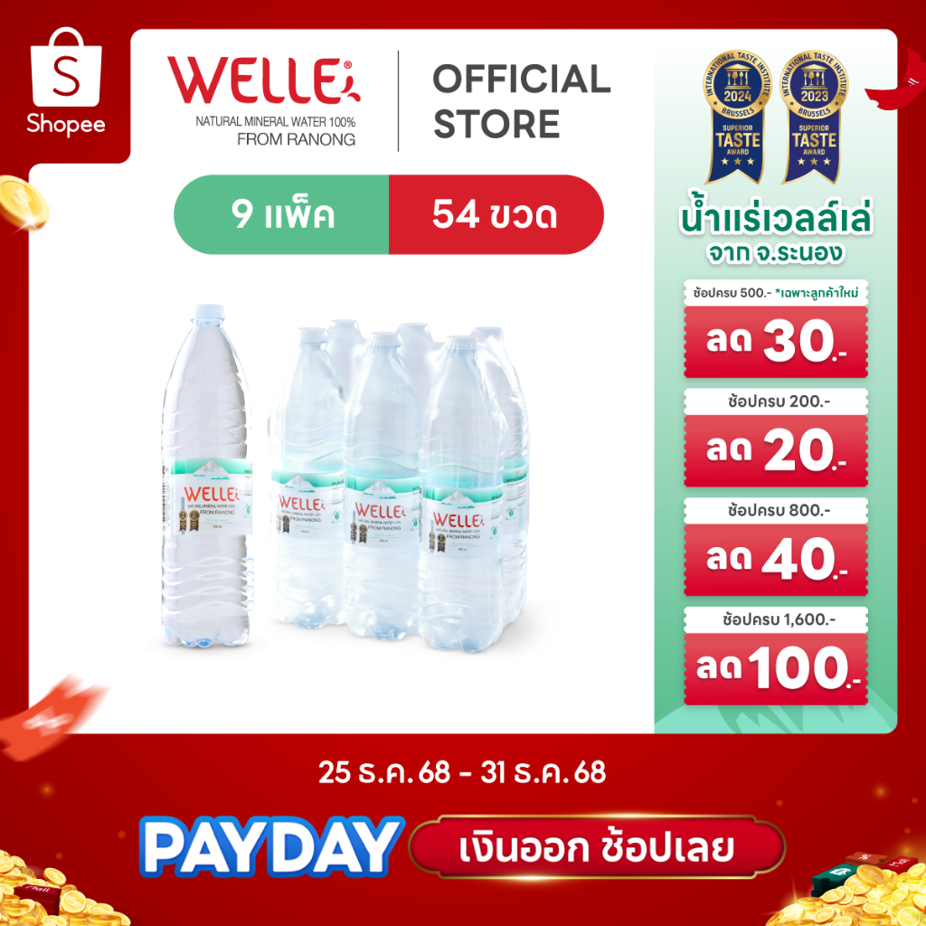 New (54 ขวด) Welle Mineral Water น้ำแร่เวลล์เล่ 1500 มิลลิลิตร 9 แพค จากแหล่งน้ำแร่ระนอง