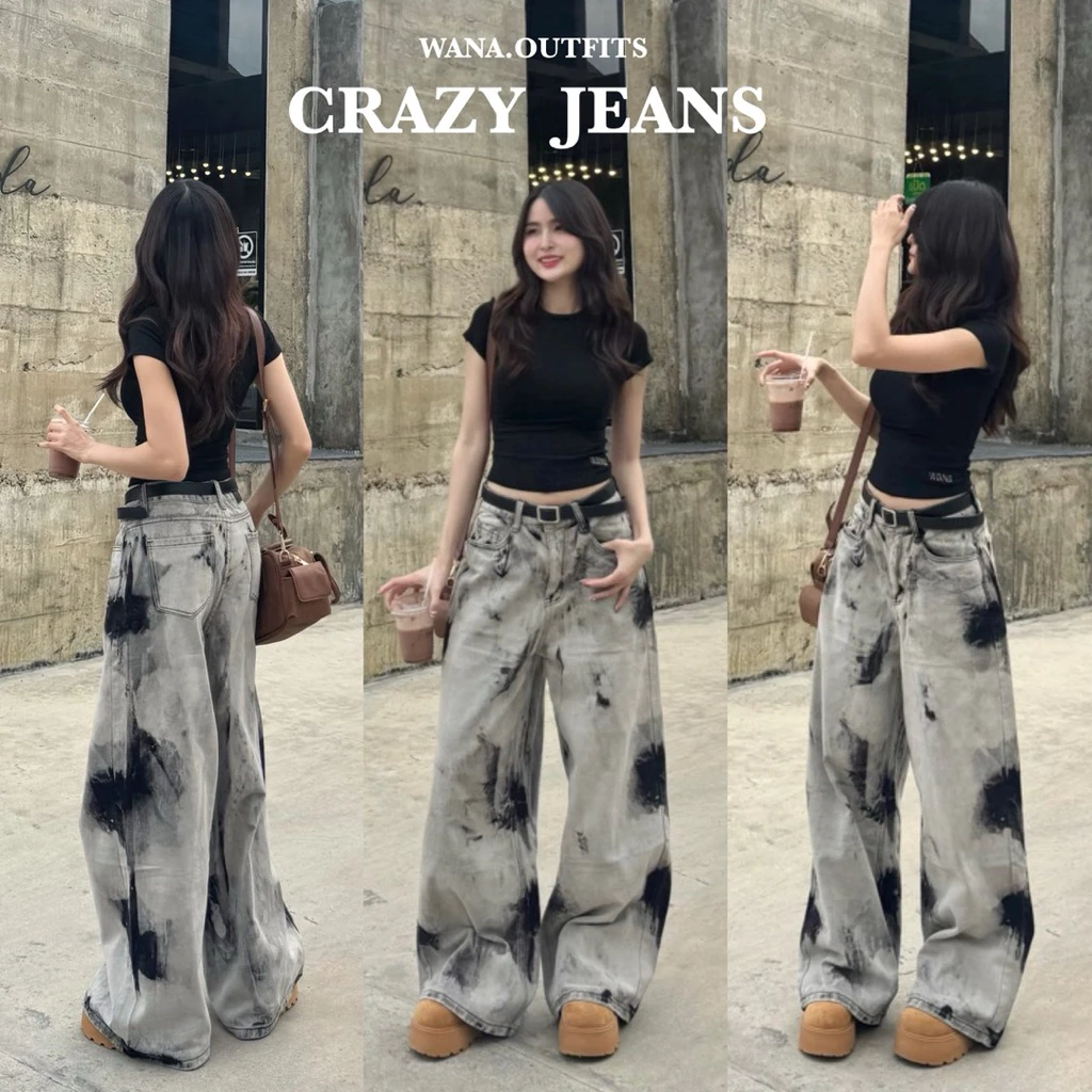 Wana.Outfits - Crazy Jeans กางเกงยีนส์ขากระบอกใหญ่ งานฟอกhandmade