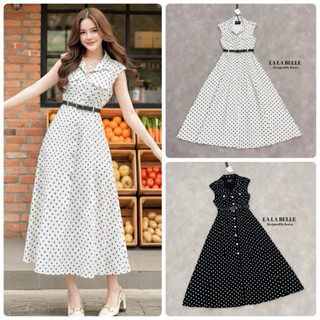 Lalabelle เดรสผ้ายีนส์คอปกลายจุดมีเข็มขัด
