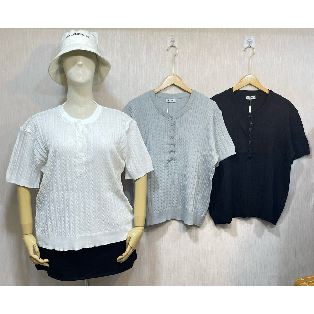 Myเสื้อไหมพรมคอกลมผ้าร่องลายเปียกระดุมจริง