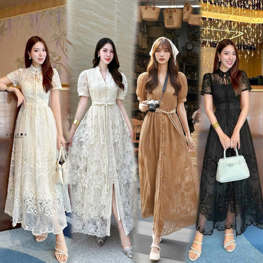 S-XXL⚡️ชุดเดรสลูกไม้โทนสีครีม ขาว เบจ ชมพู  ดำ น้ำตาล ฟ้า ใส่ออกงาน ทำบุญ ไปวัด งานแต่ง งานบวช #Lalabelle #Loveshop