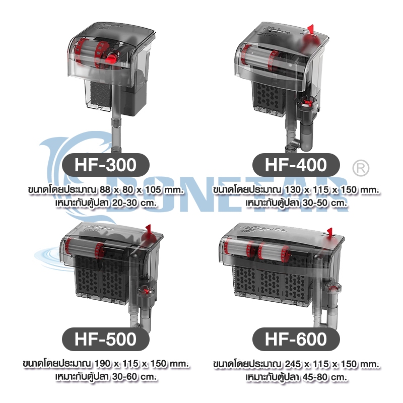 Bonetar กรองแขวนคาร์บอน 3ชั้น รุ่นHF-300/400/500/600 รุ่นใหม่ล่าสุด บังคับกรองถึง ผิวน้ำใสไรน้ำมัน รูปที่ 6