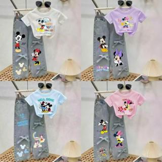 BB179 (ไม่ใช้ผ้ายีนส์) ชุดเซตเด็กหญิงเสื้อยืดลายการ์ตูน พร้อ…